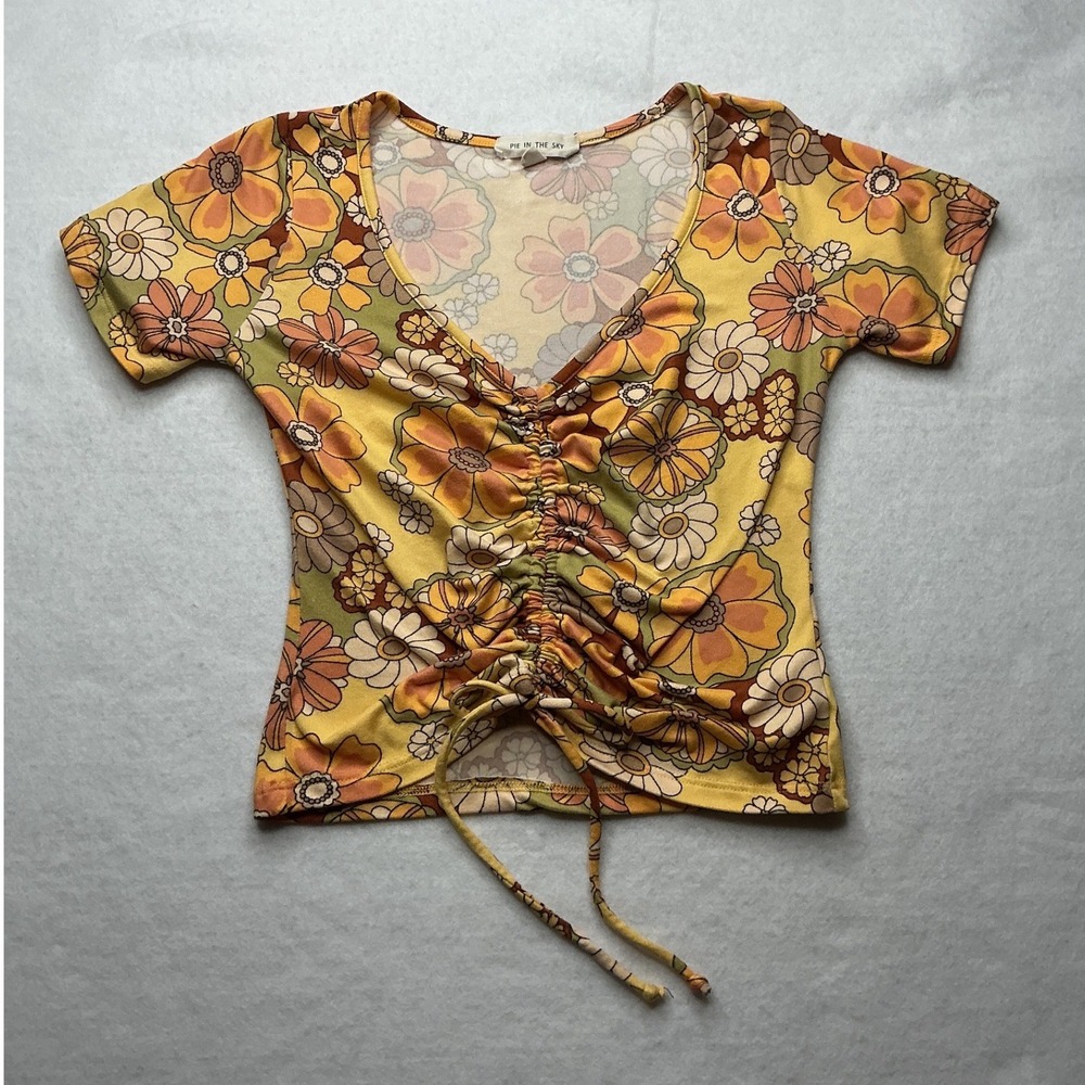 Pie In The Sky Floral Ruched Front Crop Top Womens Small Yellow Retro 70s V-Neck